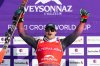 The winner Reece Howden of Canada celebrates during the podium ceremony of the men's Ski Cross event at the FIS Ski Cross, SX, World Cup, in Veysonnaz, Switzerland Saturday, Jan. 24, 2026. (Cyril Zingaro/Keystone via AP)