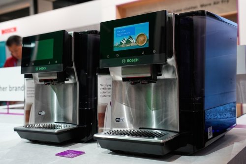 A couple of Bosch 800 Series fully automatic espresso machines are seen on display at the Bosch booth during the CES tech show Wednesday, Jan. 7, 2026, in Las Vegas. (AP Photo/John Locher)
