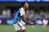 Charlotte FC defender Jahkeele Marshall-Rutty (2) celebrates his team's win in an MLS soccer match against Inter Miami, Saturday, Sept. 13, 2025, in Charlotte, N.C. (AP Photo/Erik Verduzco)
