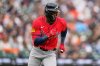 FILE - Atlanta Braves' Vidal Brujan runs after hitting a single during the third inning of a baseball game against the Detroit Tigers, Sept. 21, 2025, in Detroit. (AP Photo/Ryan Sun, File)