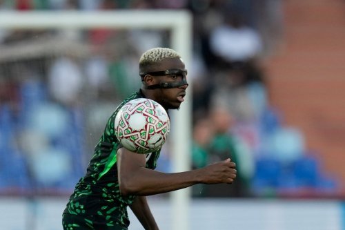 Nigeria's Victor Osimhen controls the ball during the Africa Cup of Nations quarterfinal soccer match between Nigeria and Algeria, in Marrakech, Morocco, Saturday, Jan. 10, 2026. (AP Photo/Themba Hadebe)