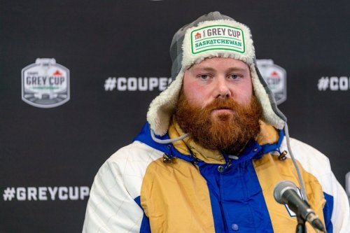Winnipeg Blue Bombers offensive lineman Pat Neufeld speaks to members of media after practice at Leibel Field in Regina on Nov. 16, 2022. THE CANADIAN PRESS/Heywood Yu