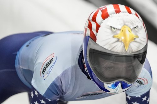 Katie Uhlaender, of the United States, slides during fourth run at the skeleton world championships, Friday, March 7, 2025, in Lake Placid, N.Y. (AP Photo/Julia Demaree Nikhinson)