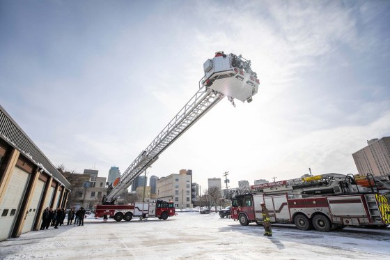 A new firetruck was unveiled at Winnipeg Fire Paramedic Station 1 on Ellen Street on Friday. The truck’s 100-foot aerial ladder has a stable platform for firefighters to stand on while rescuing people, and it gives them the capacity to create a “wall of water” with its dual deck guns. The truck can also be anchored to allow the ladder to be lowered into pits for rescues. (Mikaela Mackenzie / Free Press)