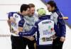 JOHN WOODS / FREE PRESS
                                Braden Calvert and his team celebrate a win over Jordan McDonald in the Manitoba provincial curling championship in Selkirk Sunday, February 8, 2026. reporter: taylor