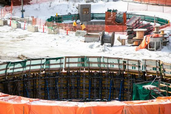 Under-construction access shafts at the North End wastewater treatment plant. (Mikaela MacKenzie / Free Press)