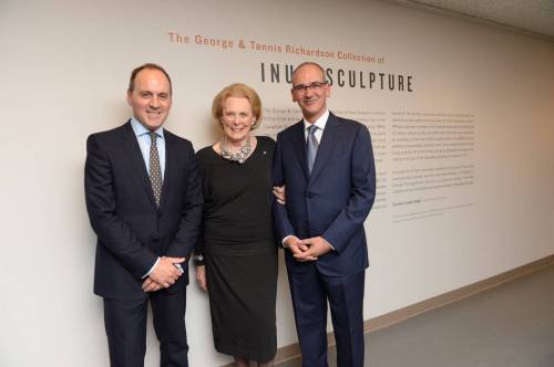 Supplied
                                (Left to right) Stephen Borys, Tannis Richardson and Ernest Cholakis marking the donation and exhibition of the George & Tannis Richardson Collection of Inuit Sculpture during Borys&rsquo; directorship.