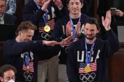 Members of the United States&rsquo; hockey team attend as President Donald Trump delivers the State of the Union address to a joint session of Congress in the House chamber at the U.S. Capitol in Washington on Tuesday. (Matt Rourke / The Associated Press files)
