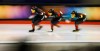Canada's Isabelle Weidemann, left to right, leads teammates Valerie Maltais and Ivanie Blondin as they skate during the women's team pursuit competition at the ISU World Cup speed skating event in Calgary, Alta., Sunday, Nov. 23, 2025. THE CANADIAN PRESS/Jeff McIntosh