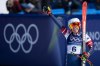 Breezy Johnson of the United States reacts in the finish area of the alpine ski women's downhill race, at the 2026 Winter Olympics, in Cortina d'Ampezzo, Italy, Sunday, Feb. 8, 2026. (Jean-Christophe Bott, Keystone via AP)