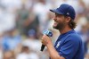 FILE - Los Angeles Dodgers pitcher Clayton Kershaw speaks to fans before a baseball game against the San Francisco Giants, Sept. 21, 2025, in Los Angeles. (AP Photo/Jessie Alcheh, File)