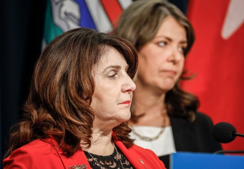 Alberta Premier Danielle Smith, right, and then-Health Minister Adriana LaGrange in Calgary, Alta., Wednesday, Feb. 19, 2025.THE CANADIAN PRESS/Jeff McIntosh