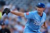 FILE - Kansas City Royals starting pitcher Kris Bubic throws during the first inning in the second baseball game of a doubleheader against the Cleveland Guardians, July 26, 2025, in Kansas City, Mo. (AP Photo/Charlie Riedel, File)