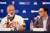FILE - Minnesota Twins new manager Derek Shelton, left, speaks, accompanied by Vice President and Assistant General Manager Jeremy Zoll, during a baseball news conference, Tuesday, Nov. 4, 2025, in Minneapolis. (AP Photo/Abbie Parr, File)
