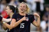 FILE - United States midfielder Claire Hutton (15) celebrates her goal during the first half of an international friendly soccer match against Canada, July 2, 2025, in Washington. (AP Photo/Nick Wass, File)