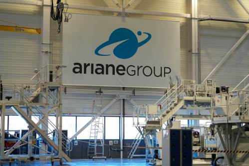 Partial view of assembly line of the Ariane 64 rocket, in Les Mureaux, west of Paris, Wednesday, Feb. 4, 2026. (AP Photo/Thibault Camus)