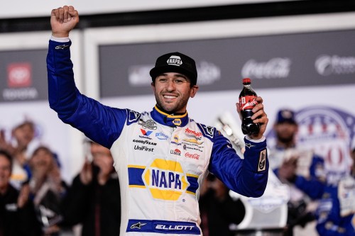 Chase Elliott celebrates winning the second of two NASCAR Daytona 500 qualifying auto races at Daytona International Speedway, Thursday, Feb. 12, 2026, in Daytona Beach, Fla. (AP Photo/Mike Stewart)
