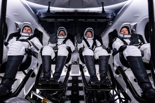 This image provided by SpaceX shows members of NASA’s SpaceX mission from left to right, Roscosmos cosmonaut Andrei Fedyaev, NASA astronauts Jack Hathaway and Jessica Meir, and ESA (European Space Agency) French astronaut Sophie Adenot as they complete a full rehearsal of launch day activities, Feb. 9, 2026, in Cape Canaveral, Fla. (SpaceX via AP)
