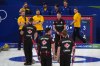 Canada's Brad Jacobs, Marc Kennedy, Brett Gallant, and Ben Hebert in action during the men's curling round-robin session against Sweden at the 2026 Winter Olympics in Cortina d'Ampezzo, Italy on Feb. 13, 2026. (AP Photo/Misper Apawu)