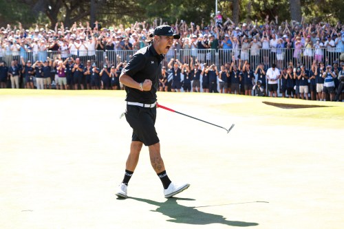 Anthony Kim of 4Aces GC reacts to his putt on the 18th green during the final round of the LIV Golf Adelaide at Grange Golf Club in Adelaide, Australia Sunday, Feb. 15, 2026. (Charles Laberge/LIV Golf via AP)