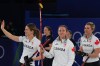Canada's Rachel Homan, Sarah Wilkes and Emma Miskew react after the women's curling round robin session against China at the 2026 Winter Olympics, in Cortina d'Ampezzo, Italy, Monday, Feb. 16, 2026. (AP Photo/Fatima Shbair)