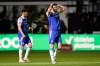 Macclesfield's Sam Heathcote reacts after scoring own goal during the English FA cup fourth round soccer match between Macclesfield and Brentford in Macclesfield, England, Monday, Feb. 16, 2026. (AP Photo/Dave Thompson)