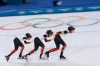 Team Canada is led by Isabelle Weidemann, followed by Valerie Maltais, center, and Ivanie Blondin, left, as they compete in the women's team pursuit quarterfinals speedskating race at the 2026 Winter Olympics, in Milan, Italy, Saturday, Feb. 14, 2026. (AP Photo/Luca Bruno)