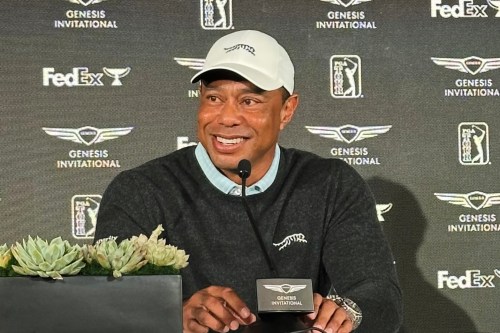 Tiger Woods speaks to the media at Riviera Country Club in Los Angeles, Tuesday, Feb. 17, 2026, ahead of the Genesis Invitational, where he is the tournament host. (AP Photo/Doug Ferguson)