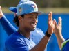 Toronto Blue Jays Arjun Nimmala gets a high five after a session at Spring Training in Dunedin, Fla. on Tuesday February 17, 2026. THE CANADIAN PRESS/Frank Gunn