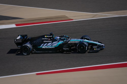 Mercedes driver George Russell of Britain steers his car on the third day of Formula One pre-season test at the Bahrain International Circuit in Sakhir, Bahrain, Friday, Feb. 13, 2026. (AP Photo/Altaf Qadri)