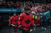 Canada's Sidney Crosby (87) and Canada's Mitch Marner (93) walk to the warm-up ahead of a quarterfinal men's hockey game against Czechia at the 2026 Winter Olympics, in Milan, on Wednesday, Feb. 18, 2026. THE CANADIAN PRESS/Darryl Dyck