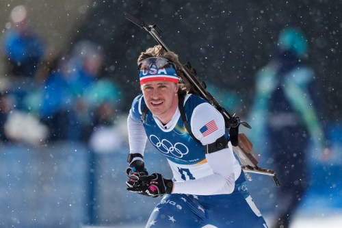 Campbell Wright, of the United States, competes in the men's 15-kilometer mass start biathlon race at the 2026 Winter Olympics in Anterselva, Italy, Friday, Feb. 20, 2026. (AP Photo/Mosa'ab Elshamy)
