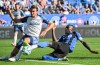 Nashville SC's Jack Maher, left, defends against CF Montreal's Prince Owusu during first half MLS soccer action in Montreal, Saturday, Oct. 4, 2025. THE CANADIAN PRESS/Graham Hughes