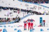 Johannes Hoesflot Klaebo, from left, Emil Iversen and Martin Loewstroem Nyenget, all three of Norway, compete in the cross country skiing men's 50km mass start Classic at the 2026 Winter Olympics, in Tesero, Italy, Saturday, Feb. 21, 2026. (AP Photo/Evgeniy Maloletka)