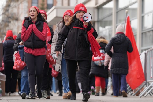 Nurses and their supporters strike in front of NewYork-Presbyterian hospital in New York, Thursday, Feb. 19, 2026. (AP Photo/Seth Wenig)