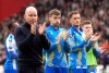 Sheffield Wednesday manager Henrik Pedersen applauds the fans following the Sky Bet Championship soccer match against Sheffield United at Bramall Lane, Sheffield, Sunday Feb. 22, 2026. (Danny Lawson/PA via AP)