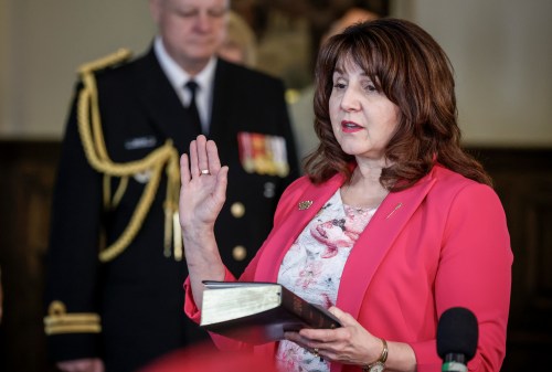 New minister of Primary and Preventative Health Services, Adriana LaGrange, swears the oath of office in Calgary on Friday, May 16, 2025.THE CANADIAN PRESS/Jeff McIntosh