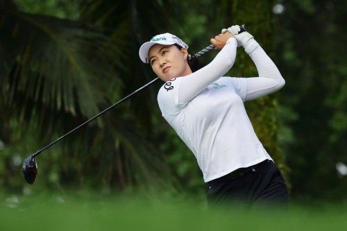 Minjee Lee of Australia tees off during the HSBC Women's World Championship at Sentosa Golf Club in Singapore, Thursday, Feb. 26, 2026. (AP Photo/Suhaimi Abdullah)