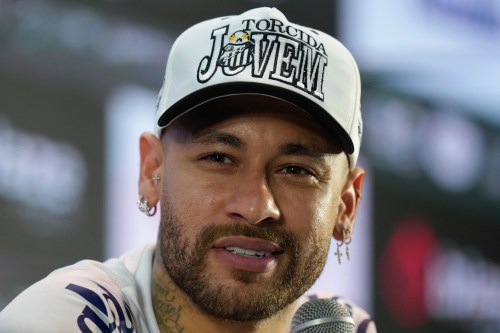FILE - Brazilian soccer player Neymar gives a news conference in Santos, Brazil, Jan. 31, 2025. (AP Photo/Andre Penner, File)