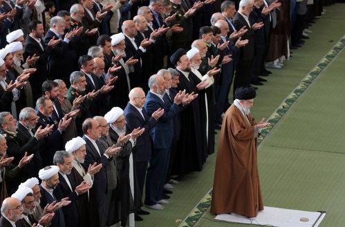 FILE - In this photo released by the official website of the office of the Iranian supreme leader, Supreme Leader Ayatollah Ali Khamenei leads an Eid al-Fitr prayer marking the end of the Muslim holy fasting month of Ramadan at the Imam Khomeini Grand Mosque in Tehran, Iran, Monday, March 31, 2025. (Office of the Iranian Supreme Leader via AP, File)