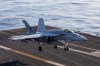 This image provided by U.S. Central Command shows a F/A-18E Super Hornet coming in for an arrested landing on USS Abraham Lincoln (CVN 72) after flying in support of Operation Epic Fury, on Saturday, Feb. 28, 2026. (U.S. Navy via AP)