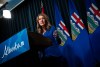 Alberta Premier Danielle Smith answers questions at a news conference in Calgary, on Friday, Feb. 20, 2026. THE CANADIAN PRESS/Todd Korol
