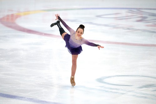 Stef Reid, a former Paralympic athlete who now does figure skating, competes in the British Adult Figure Skating Championships in Sheffield, England, Friday, Feb. 6, 2026. (AP Photo/Jon Super)