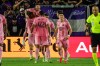 Inter Miami CF forward Lionel Messi, center, is lifted up by his team after making a penalty against Orlando City SC during the second half of an MLS soccer match, Sunday, March 1, 2026, in Orlando, Fla. (AP Photo/Kevin Kolczynski)