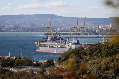 FILE - An oil tanker is moored at the Sheskharis complex in Novorossiysk, Russia, Tuesday, Oct. 11, 2022. (AP Photo, File)