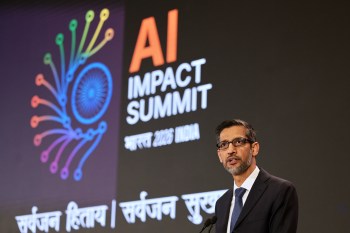 Google CEO Sundar Pichai speaks at the AI Impact Summit in New Delhi, India, Friday, Feb. 20, 2026. (AP Photo)