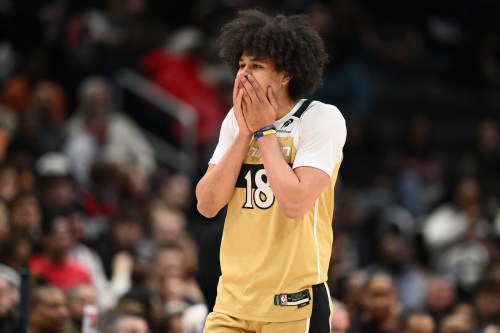 Washington Wizards forward Kyshawn George reacts after he was called for a foul during the second half of an NBA basketball game against the Toronto Raptors, Saturday, Feb. 28, 2026, in Washington. (AP Photo/Nick Wass)