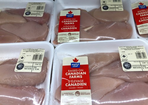 Packages of Maple Leaf Foods chicken breasts are shown on a shelf at a grocery store in Oakville, Ont., Friday, Jan. 6, 2023. THE CANADIAN PRESS/Richard Buchan