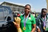 FILE - Nigeria'a goalkeeper Chiamaka Nnadozie, upon arrival at the Nnamdi Azikiwe International Airport in Abuja Nigeria, Monday, July 28, 2025. (AP Photo/Olamikan Gbemiga, File)