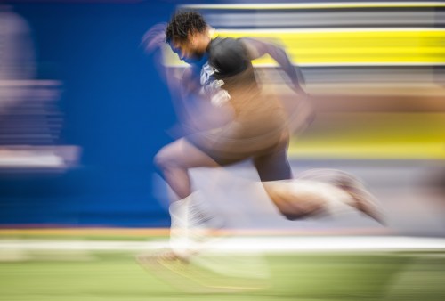 Malik Richards of Brampton, Ontario, takes part in on field tests during the CFL combine in Toronto, Sunday March 24, 2019. THE CANADIAN PRESS/Mark Blinch